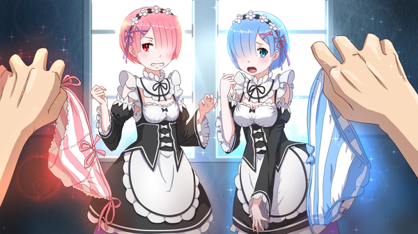 Anime picture 1920x1080 with re:zero kara hajimeru isekai seikatsu white fox rem (re:zero) ram (re:zero) huyase blush fringe highres short hair open mouth blue eyes light erotic red eyes wide image multiple girls holding blue hair looking away pink hair indoors