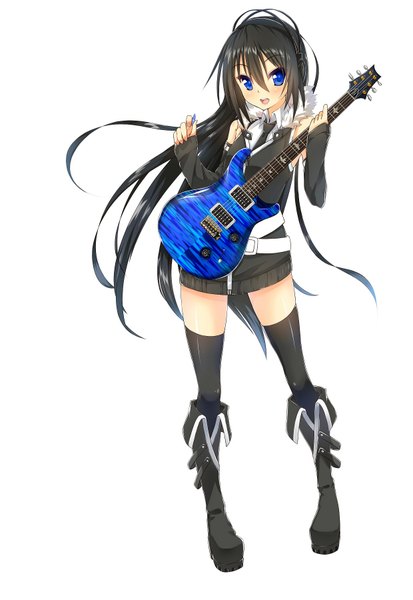 Anime picture 1240x1800 with original uke (artist) single long hair tall image blush open mouth blue eyes black hair white background bare shoulders legs girl thighhighs black thighhighs detached sleeves headphones thigh boots guitar