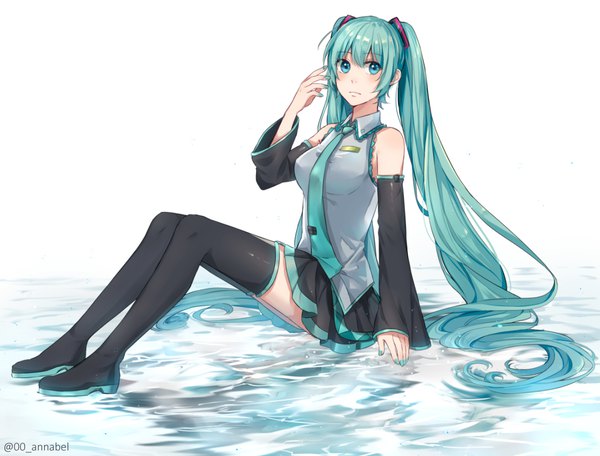 Anime picture 1075x818 with vocaloid hatsune miku annabel-m annabel single blush fringe simple background white background sitting twintails bare shoulders signed looking away full body very long hair nail polish arm up aqua eyes aqua hair