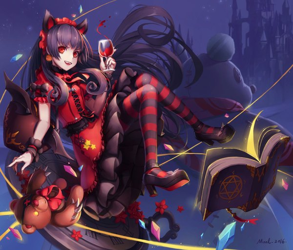 Anime picture 1465x1250 with league of legends annie (league of legends) tibbers (league of legends) mool yueguang single open mouth black hair red eyes animal ears looking away very long hair lolita fashion goth-loli girl dress pantyhose frills book (books) toy stuffed animal
