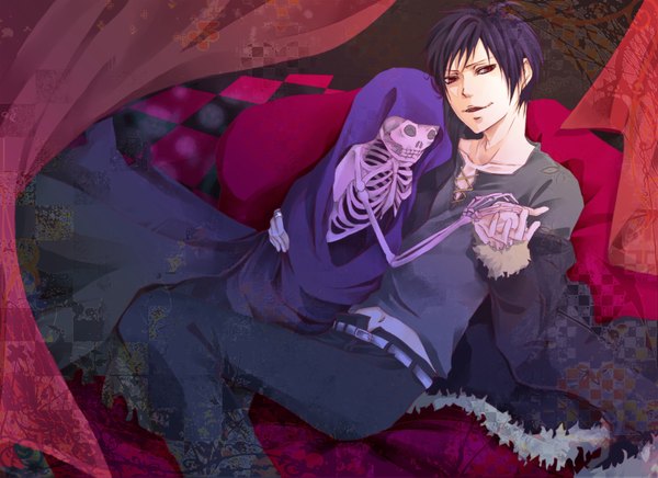 Anime picture 2000x1455 with durarara!! brains base (studio) orihara izaya highres red eyes purple hair checkered background skeleton boy