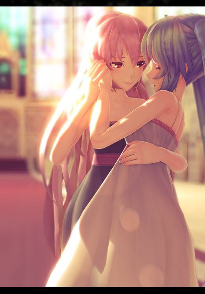 Anime picture 1520x2180 with vocaloid hatsune miku megurine luka nadezhd long hair tall image blush fringe breasts open mouth smile hair between eyes red eyes twintails bare shoulders multiple girls pink hair outdoors eyes closed profile