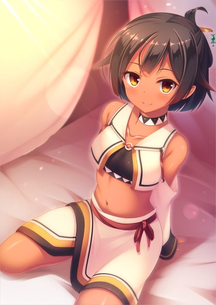 Anime picture 708x1000 with original momo no kanzume single tall image looking at viewer blush fringe short hair black hair smile bare shoulders brown eyes bare belly dark skin happy girl skirt navel detached sleeves choker