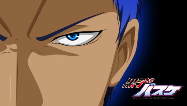 Anime picture 2000x1140 with kuroko no basket production i.g aomine daiki naruble single looking at viewer highres short hair blue eyes simple background wide image blue hair inscription hieroglyph black background close-up face boy