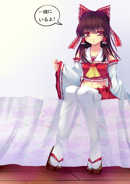 Anime picture 2480x3507 with touhou hakurei reimu sonikey0 0 single long hair tall image looking at viewer blush highres open mouth red eyes brown hair white background sitting traditional clothes miko girl thighhighs skirt bow