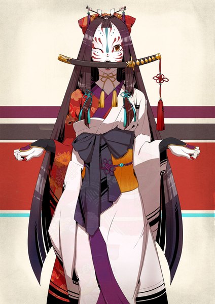 Anime picture 1500x2122 with original adashino single tall image looking at viewer fringe brown hair standing holding yellow eyes very long hair nail polish traditional clothes japanese clothes fingernails lips lipstick mouth hold red lipstick white skin