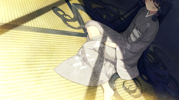 Anime picture 1280x720 with nanatsu no fushigi no owaru toki tokito nanao ueda ryou single long hair blush black hair wide image sitting looking away game cg very long hair japanese clothes black eyes loli girl kimono