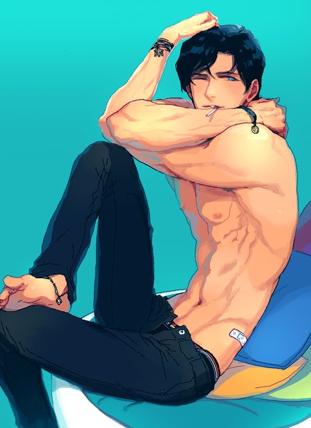 Anime picture 869x1192 with original su (noonrema) single tall image short hair blue eyes light erotic black hair simple background sitting looking away nipples one eye closed wink topless hand on head shirtless boy bracelet pillow