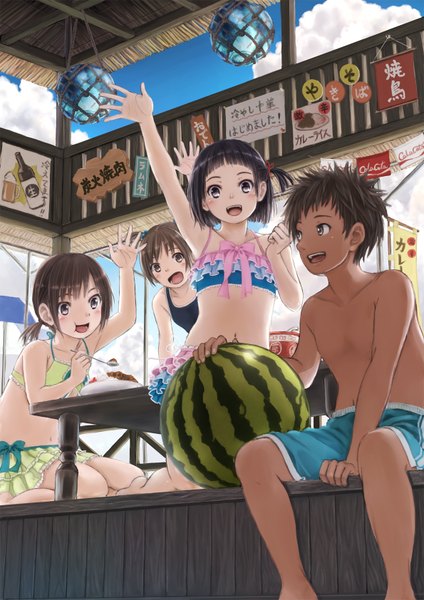 Anime picture 1190x1684 with original taka (tsmix) tall image blush short hair open mouth light erotic black hair brown hair multiple girls brown eyes cloud (clouds) girl boy swimsuit food 3 girls berry (berries) watermelon