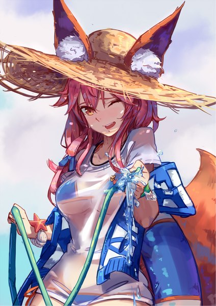 Anime picture 1533x2168 with fate (series) fate/extra tamamo (fate) (all) tamamo no mae (swimsuit lancer) (fate) hfp kubiao single long hair tall image looking at viewer blush breasts open mouth light erotic smile holding brown eyes animal ears pink hair sky cloud (clouds)