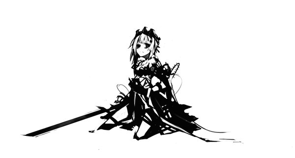 Anime picture 1868x1000 with original kiku (kicdoc) single looking at viewer highres short hair simple background wide image white background white hair black eyes kneeling monochrome girl weapon sword