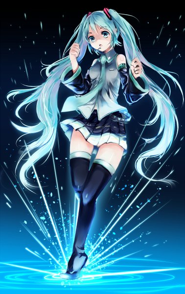 Anime picture 934x1480 with vocaloid hatsune miku aaru single tall image open mouth twintails very long hair aqua eyes aqua hair zettai ryouiki dark background girl skirt detached sleeves necktie headphones thigh boots
