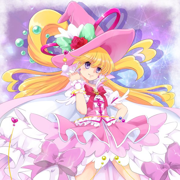 Anime picture 1500x1495 with precure mahou girls precure! toei animation asahina mirai cure miracle cure miracle (alexandrite style) tsuka d single long hair blush blonde hair smile purple eyes looking away head tilt arm up puffy sleeves hand on hip girl dress