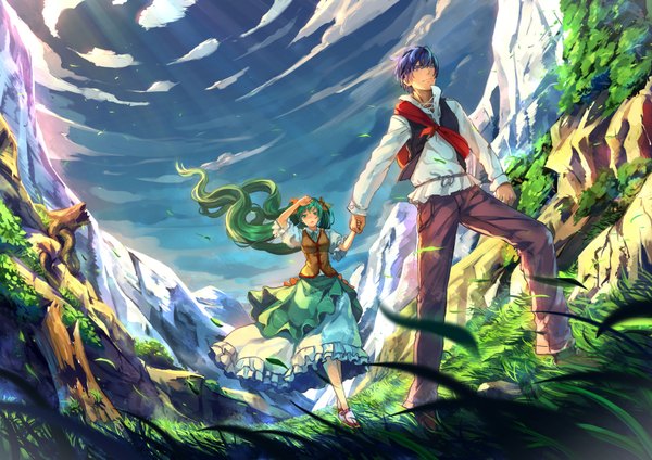 Anime picture 1736x1227 with vocaloid hatsune miku kaito (vocaloid) ryuuzaki ichi long hair highres short hair blue eyes green eyes sky purple hair cloud (clouds) green hair wind from below couple holding hands mountain girl boy