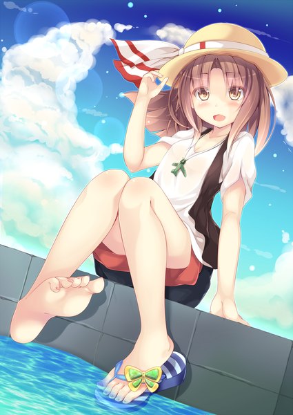 Anime picture 1500x2118 with kantai collection zuihou light aircraft carrier single tall image looking at viewer blush short hair open mouth brown hair brown eyes sky cloud (clouds) barefoot bare legs legs girl hat pendant