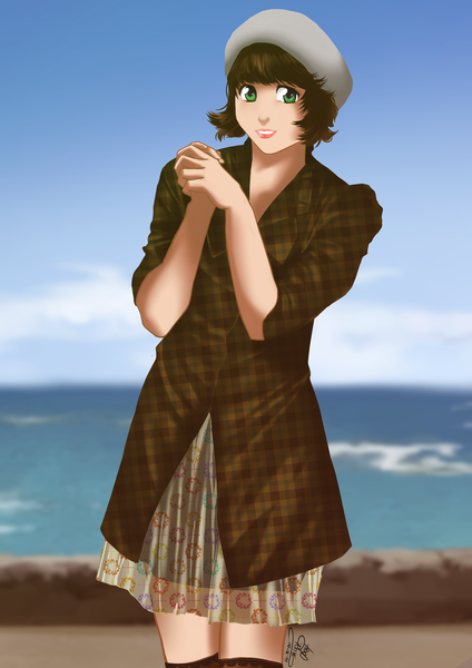 Anime picture 2480x3508 with odzigner single tall image looking at viewer fringe highres short hair smile standing green eyes signed lips aqua hair zettai ryouiki horizon girl dress shirt sea