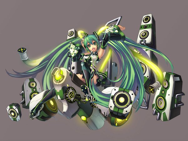 Anime picture 1024x768 with vocaloid hatsune miku jak single looking at viewer fringe open mouth simple background hair between eyes twintails green eyes very long hair green hair grey background arms up armpit (armpits) girl thighhighs detached sleeves