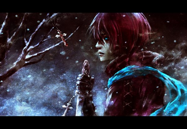 Anime picture 1300x900 with nanfe single short hair blue eyes red hair profile glowing snowing dark background letterboxed winter snow glowing eye (eyes) bare tree thief gloves plant (plants) tree (trees) black gloves scarf