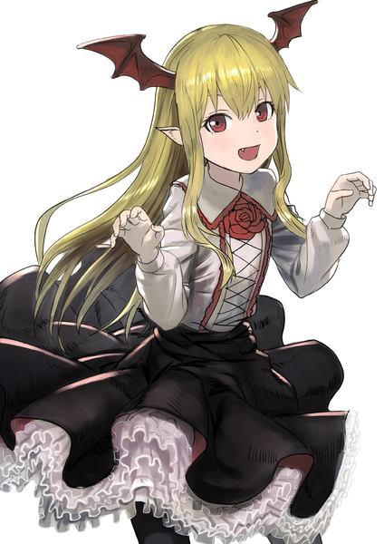 Anime picture 1190x1684 with granblue fantasy vampy wasabi60 single long hair tall image looking at viewer fringe open mouth simple background blonde hair hair between eyes red eyes white background fang (fangs) head wings girl skirt wings black skirt