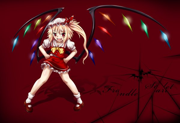 Anime picture 1625x1112 with touhou flandre scarlet nishiumi yuuta single short hair open mouth blonde hair red eyes one side up red background hands on hips girl skirt wings bonnet skirt set crystal