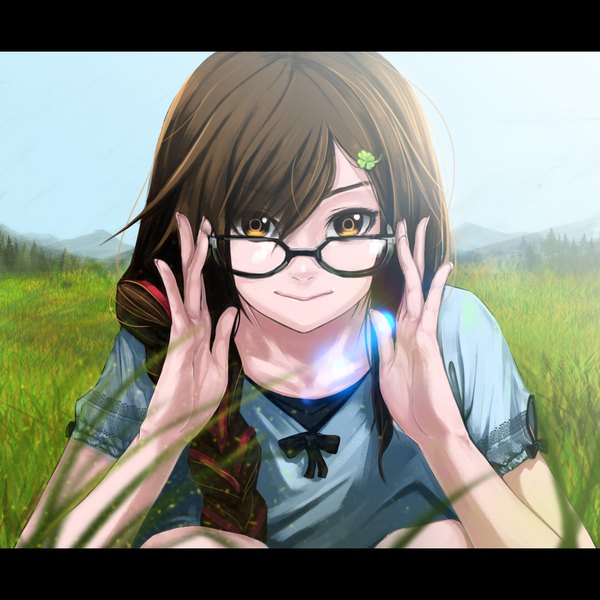Anime picture 2000x2000 with original trx single long hair looking at viewer fringe highres smile brown hair brown eyes sky braid (braids) sunlight single braid close-up mountain glow adjusting glasses girl hair ornament