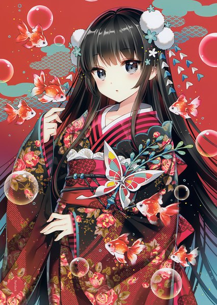 Anime picture 2839x4000 with original nardack single long hair tall image looking at viewer blush fringe highres black hair standing signed traditional clothes japanese clothes scan wide sleeves :o grey eyes floral print seigaiha