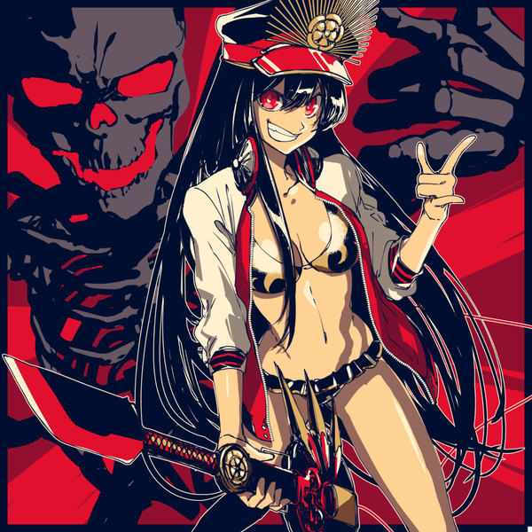 Anime picture 910x910 with fate (series) fate/grand order oda nobunaga (fate) (all) oda nobunaga (swimsuit berserker) (fate) pizaya single long hair looking at viewer fringe light erotic black hair smile hair between eyes red eyes holding cleavage arm up open clothes open jacket grin