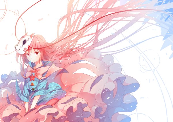 Anime picture 1200x848 with touhou hata no kokoro yetworldview kaze single looking at viewer white background pink hair very long hair pink eyes mask on head girl dress petals mask