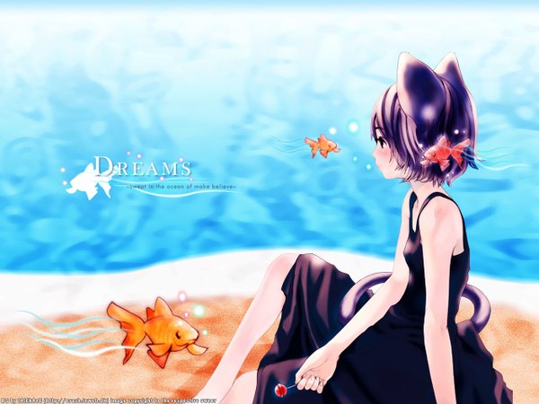 Anime picture 1280x960 with houden eizou animal ears cat girl underwater girl fish (fishes)