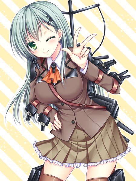 Anime picture 1200x1600 with kantai collection suzuya heavy cruiser asazuki kanai single long hair tall image looking at viewer smile green eyes blue hair one eye closed wink girl skirt weapon