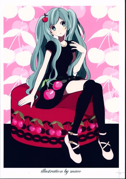 Anime picture 4932x7016 with vocaloid miku milk heart hatsune miku maco22 single long hair tall image blush fringe highres breasts open mouth sitting twintails signed looking away absurdres nail polish aqua eyes scan