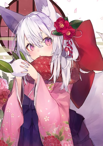 Anime picture 1000x1414 with original shugao single long hair tall image looking at viewer blush fringe open mouth hair between eyes purple eyes animal ears traditional clothes japanese clothes hair flower grey hair wide sleeves :o floral print girl