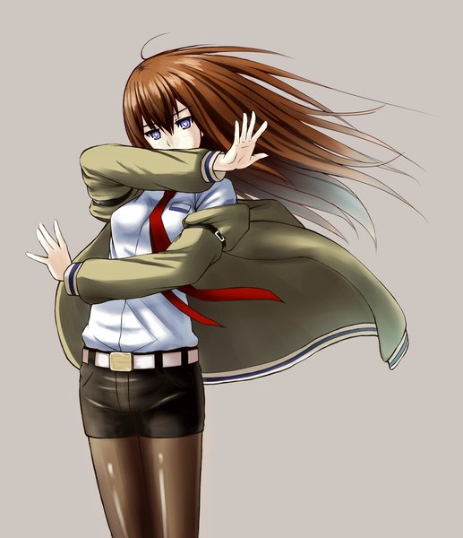 Anime picture 1830x2125 with steins;gate white fox makise kurisu bible (pixiv) single long hair tall image highres blue eyes simple background brown hair wind looking down girl shirt pantyhose necktie shorts