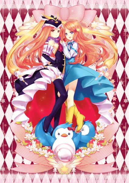 Anime picture 1240x1754 with mawaru penguindrum takakura himari princess of the crystal soul (tamashii) long hair tall image blue eyes red eyes multiple girls orange hair girl thighhighs dress bow black thighhighs 2 girls detached sleeves mask apple