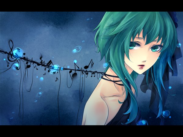 Anime picture 1333x1000 with vocaloid gumi natsuki0910 long hair fringe open mouth bare shoulders looking away aqua eyes lips aqua hair underwater girl bubble (bubbles) musical note thread