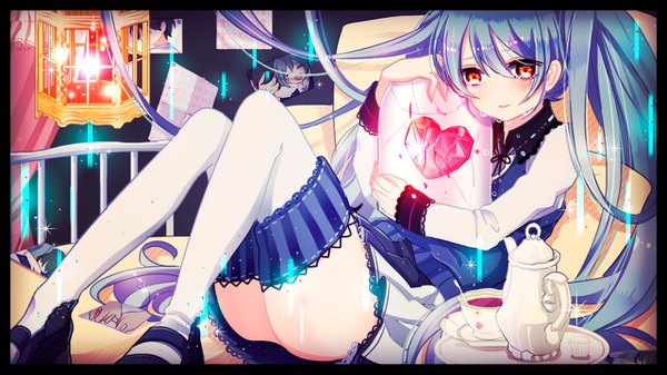 Anime picture 1280x720 with original vocaloid hatsune miku yugy666 single blush light erotic red eyes wide image twintails blue hair full body long sleeves very long hair pleated skirt light smile zettai ryouiki hug tears border