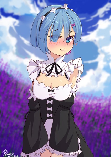 Anime picture 1158x1637 with re:zero kara hajimeru isekai seikatsu white fox rem (re:zero) pkq single tall image looking at viewer blush fringe short hair breasts blue eyes smile signed blue hair sky cleavage cloud (clouds) blurry hair over one eye