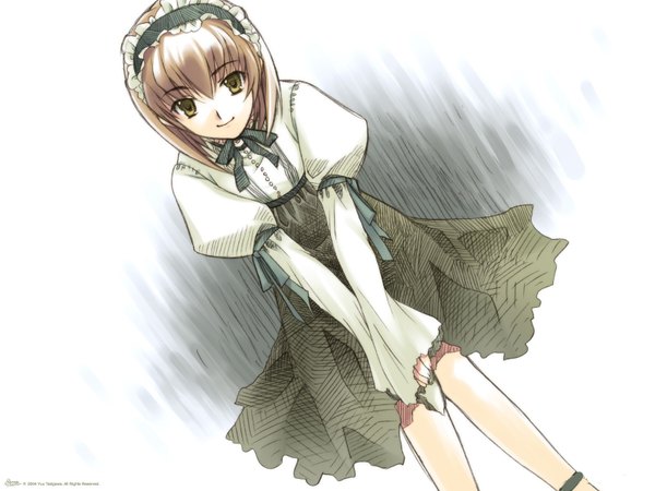 Anime picture 1600x1200 with original takigawa yuu single looking at viewer fringe short hair smile hair between eyes brown hair standing white background signed yellow eyes long sleeves scan leaning leaning forward lolita fashion 2004 girl