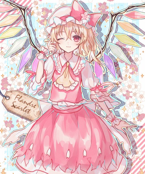 Anime picture 752x900 with touhou flandre scarlet abandon ranka single tall image looking at viewer blush fringe short hair blonde hair hair between eyes one eye closed light smile wink sparkle character names one side up floral background girl wings