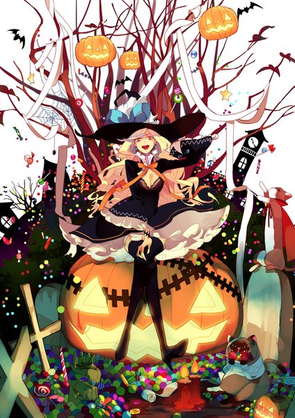 Anime picture 1240x1754 with original rozer tall image sitting halloween witch girl thighhighs dress bow ribbon (ribbons) black thighhighs plant (plants) earrings tree (trees) food sweets cat witch hat candy