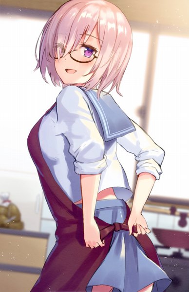 Anime picture 518x800 with fate (series) fate/grand order mash kyrielight haru (hiyori-kohal) single tall image looking at viewer blush fringe short hair open mouth simple background smile standing purple eyes pink hair indoors long sleeves looking back from behind