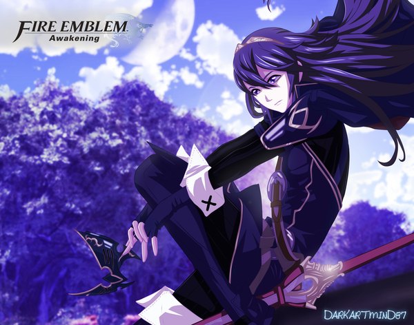 Anime picture 2000x1574 with fire emblem fire emblem awakening lucina (fire emblem) darkartmind87 single long hair highres purple eyes sky purple hair cloud (clouds) coloring girl weapon plant (plants) sword tree (trees) moon full moon