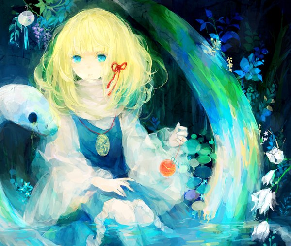 Anime picture 2000x1688 with touhou moriya suwako mishaguji juexing (moemoe3345) long hair highres blue eyes blonde hair girl flower (flowers) plant (plants) water snake mushroom (mushrooms)