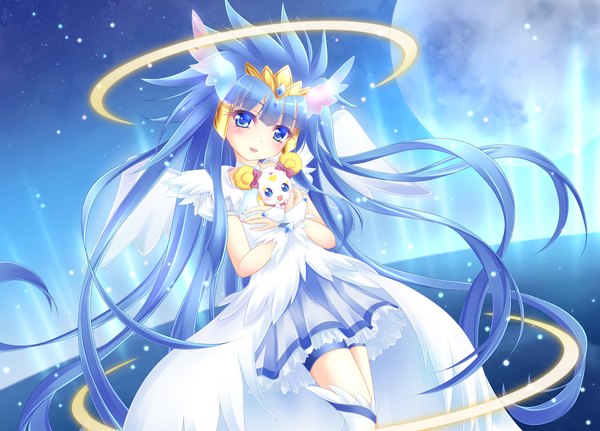 Anime picture 2050x1475 with precure smile precure! toei animation aoki reika cure beauty candy (smile precure!) yayayoruyoru single long hair looking at viewer blush highres blue eyes blue hair girl dress wings moon tiara