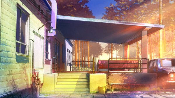Anime picture 1920x1080 with everlasting summer iichan eroge arsenixc vvcephei highres wide image game cg sunlight wallpaper no people scenic morning collaboration camp plant (plants) tree (trees) window building (buildings) ground vehicle stairs