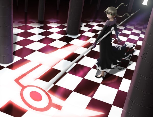 Anime picture 1300x1000 with soul eater studio bones maka albarn siraha blonde hair twintails green eyes torn clothes checkered floor 3d girl dress scythe