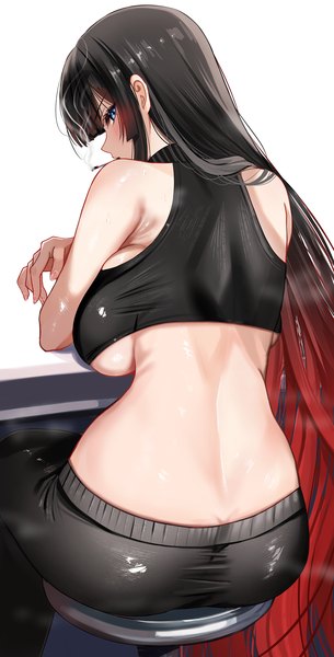Anime picture 1155x2274 with original nicky w single tall image looking at viewer blush fringe blue eyes light erotic black hair sitting bare shoulders holding ass very long hair profile looking back multicolored hair from behind two-tone hair