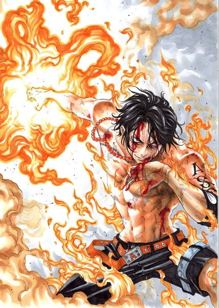 Anime picture 2957x4140 with one piece toei animation portgas d. ace marlboro (artist) single tall image highres short hair black hair smile tattoo fighting stance boy shorts belt blood beads fire flame