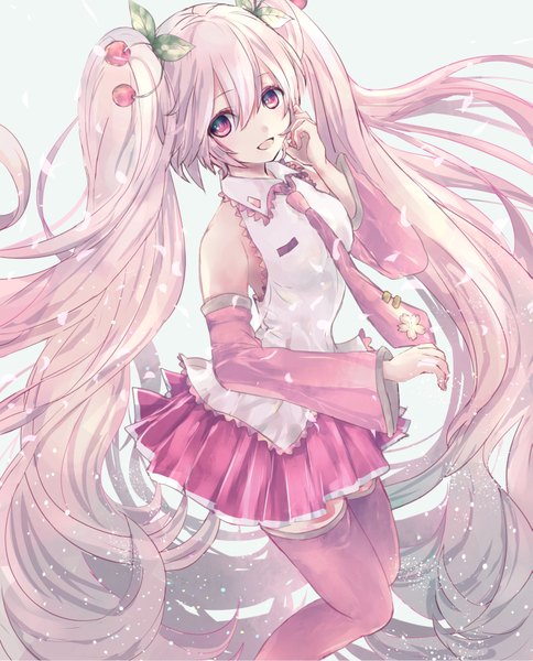 Anime picture 1485x1840 with vocaloid hatsune miku sakura miku alicetype single tall image looking at viewer simple background white background pink hair very long hair pink eyes girl skirt hair ornament detached sleeves miniskirt necktie food leaf (leaves)