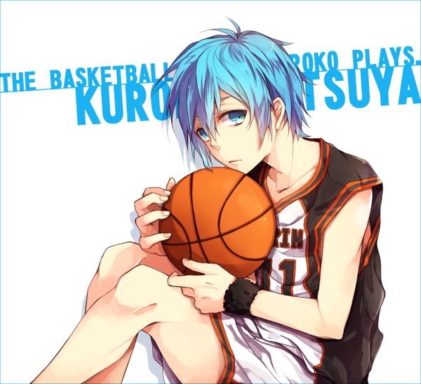 Anime picture 1316x1200 with kuroko no basket production i.g kuroko tetsuya mukkun single short hair blue eyes simple background white background sitting blue hair looking away inscription basketball boy uniform gym uniform ball wristlet basketball ball